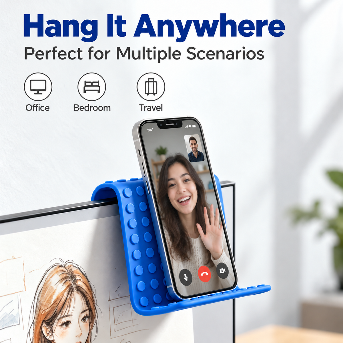 Silicone Cell Phone Stand, Flexible Silicone Phone Holder with Carabiner Clip, Airplane Phone Holder for Travel, Desk & Everyday Use